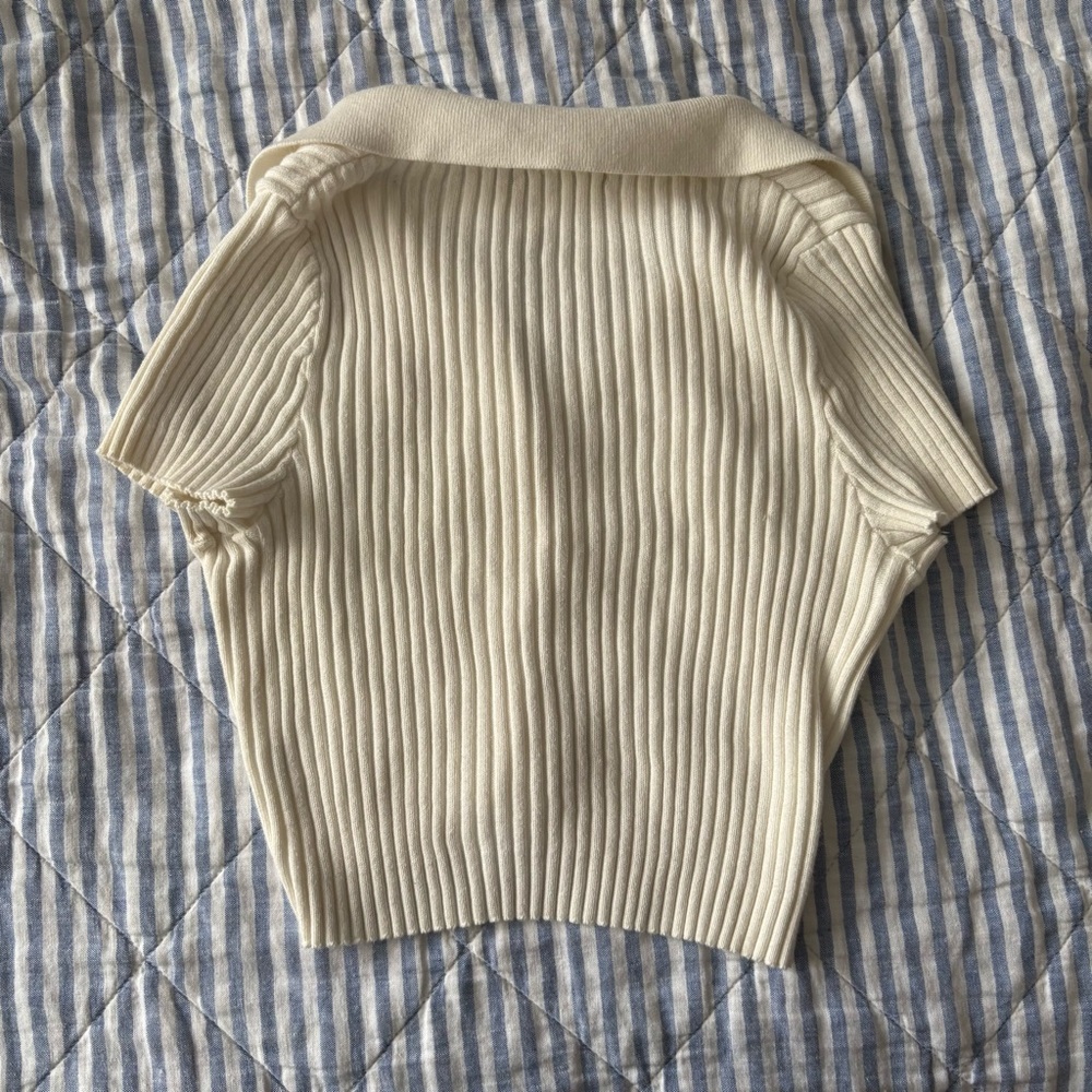 Cream Ribbed Cropped Polo - Picture 2 of 6